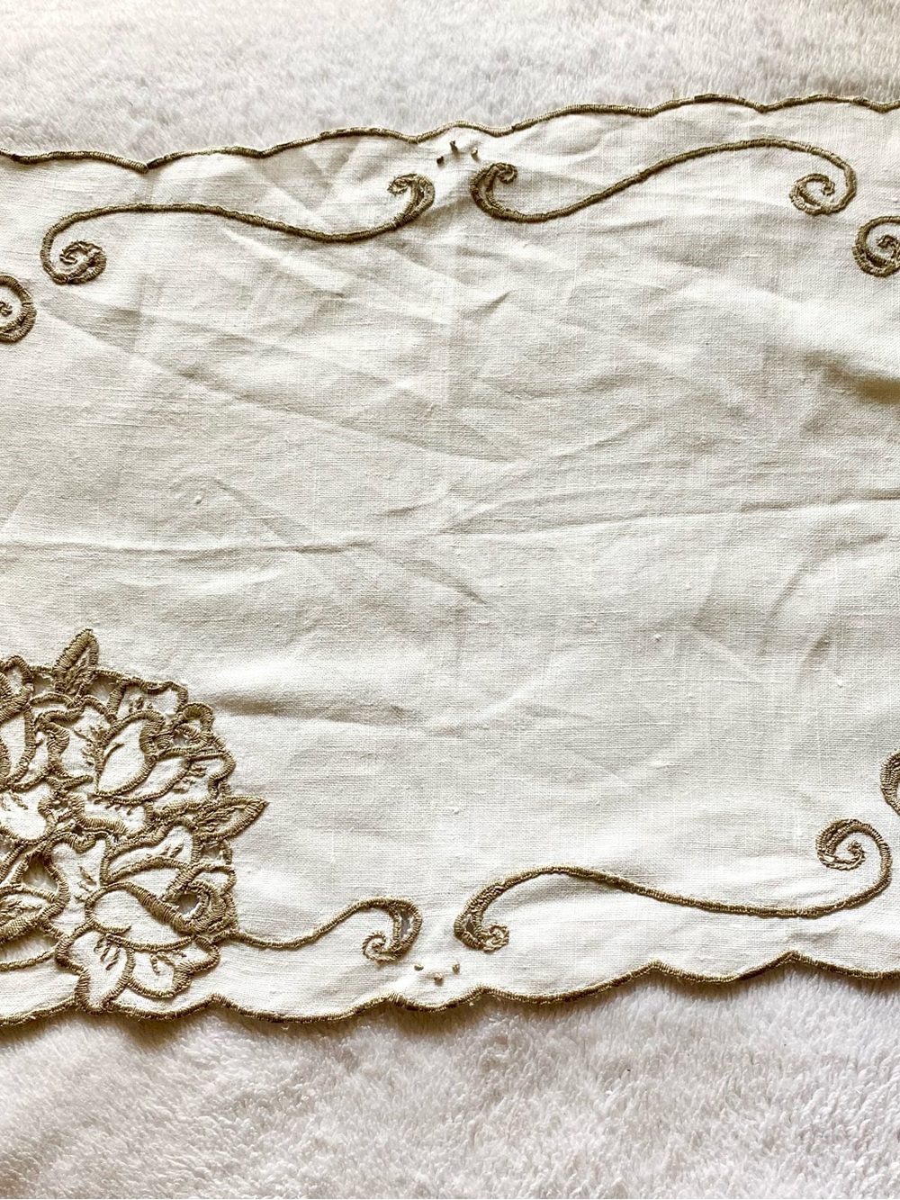 Vintage Cream Table Linen with Gold Embroidered Scrollwork